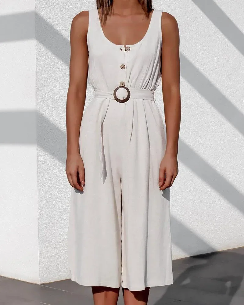 Fall Women Fashion Jumpsuit White Casual High Waist Solid Single Breasted Wide Leg Pants with Belt Calf-Length Rompers Playsuits