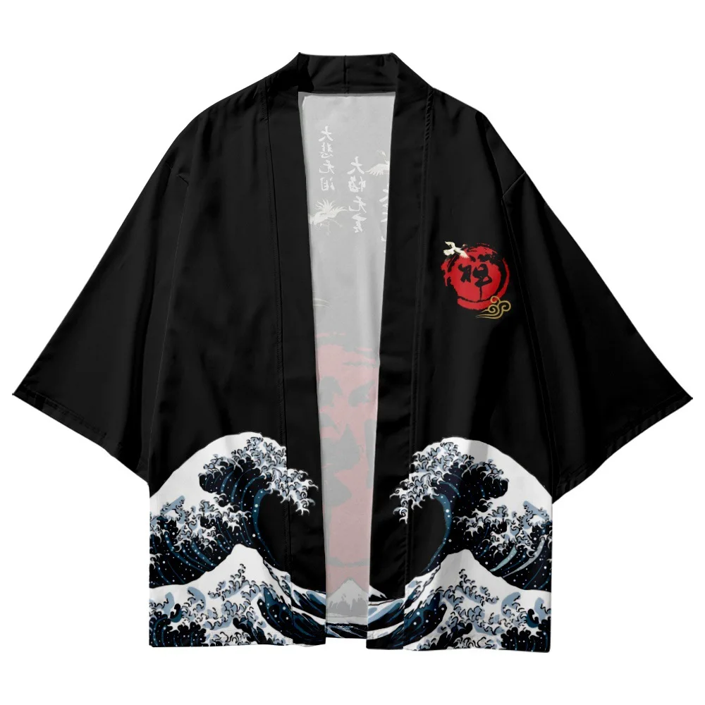Japanese Style Traditional Wave Print Cardigan Kimono Women Men Cosplay Haori Beach Yukata Samurai Asian Tops Clothing