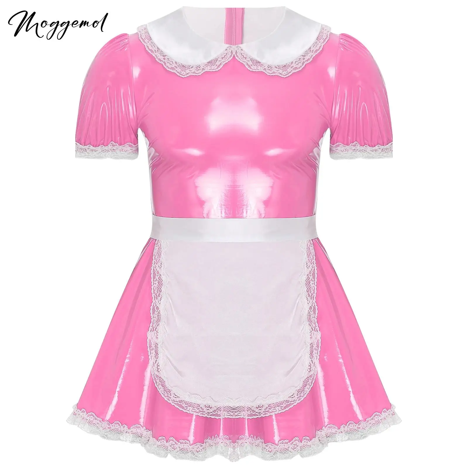 

Mens Adult Crossdresser Dress Sissy Maid Costume Outfits Ruffle Lace Wetlook Latex Rubber Dress Uniform with Apron Doll Collar