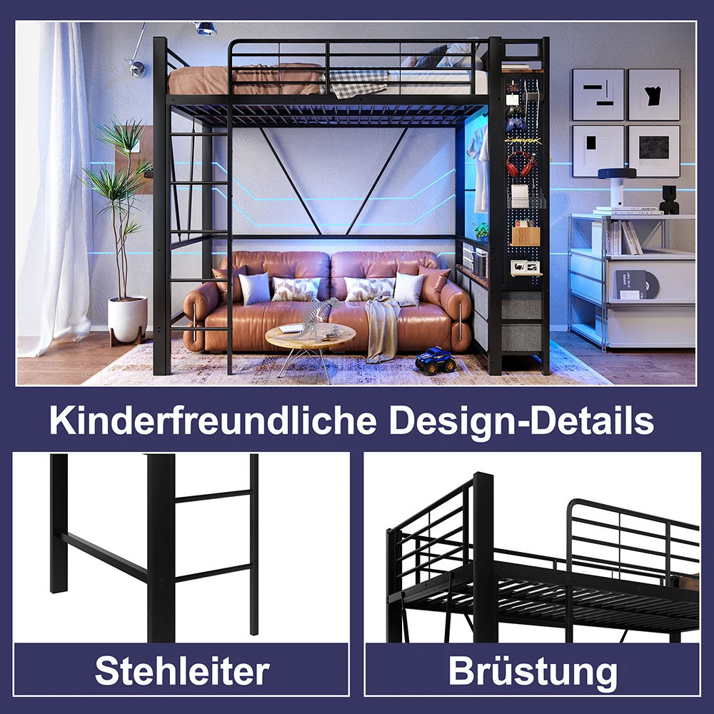 KOMHTOM Hochbett 90x200cm Eisenrahmen mit LED-Leiste, USB+TYPE-C Steckdose, 4 Schubladen – Detail 4