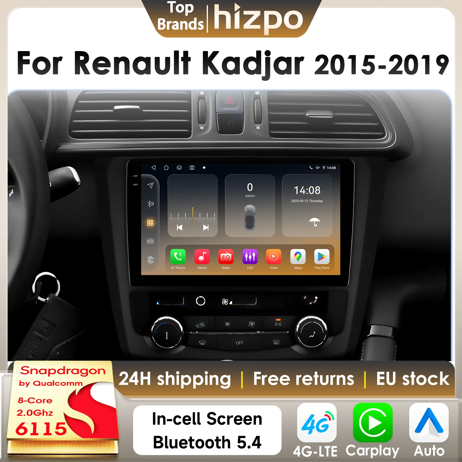 Hizpo 8Core Android 14 Intelligentes Autoradio für Renault Kadjar 2015–2019 CarPlay GPS DSP 4G BT5.4 von Qualcomm Snapdragon 6115