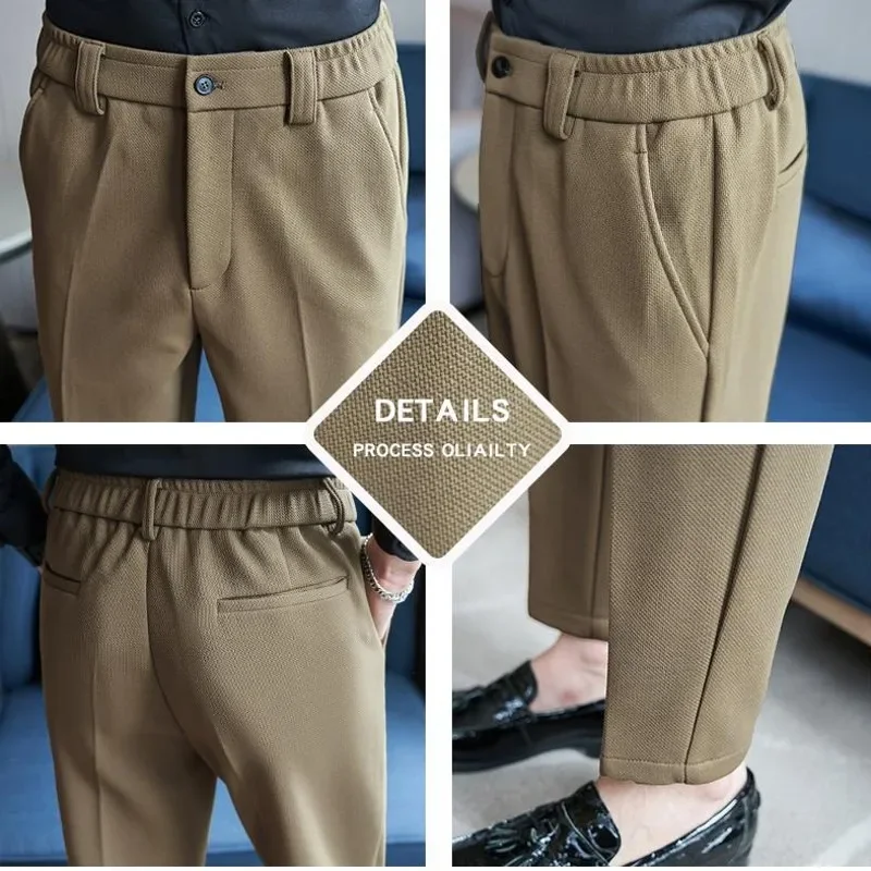 New Winter Korean Style Men's Thick Suit Pants Elastic Waist Business Casual Work Office Slim Fit Warm Trousers Black Khaki