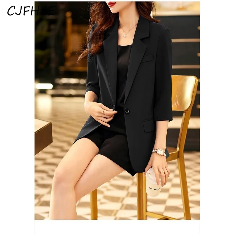 CJFHJE Spring Women's Solid Color Suit Jacket New Korean Casual Women Three Quarter Sleeved Fashion Single Breasted Suit Jacket