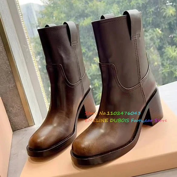 

French Vintage Brown Western Boots Round Toe Thick High Heels Cowhide Rubbed Color One Step Wide Tube Short Boot For Women