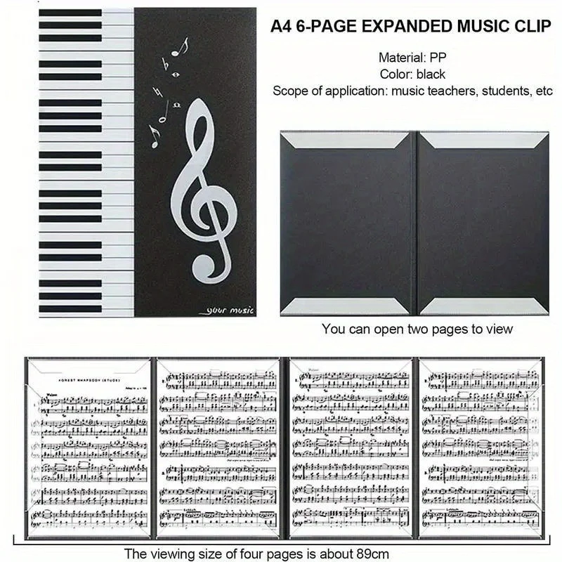 6-Page Expandable Piano Sheet Music Folder, A4 Tri-Fold Design