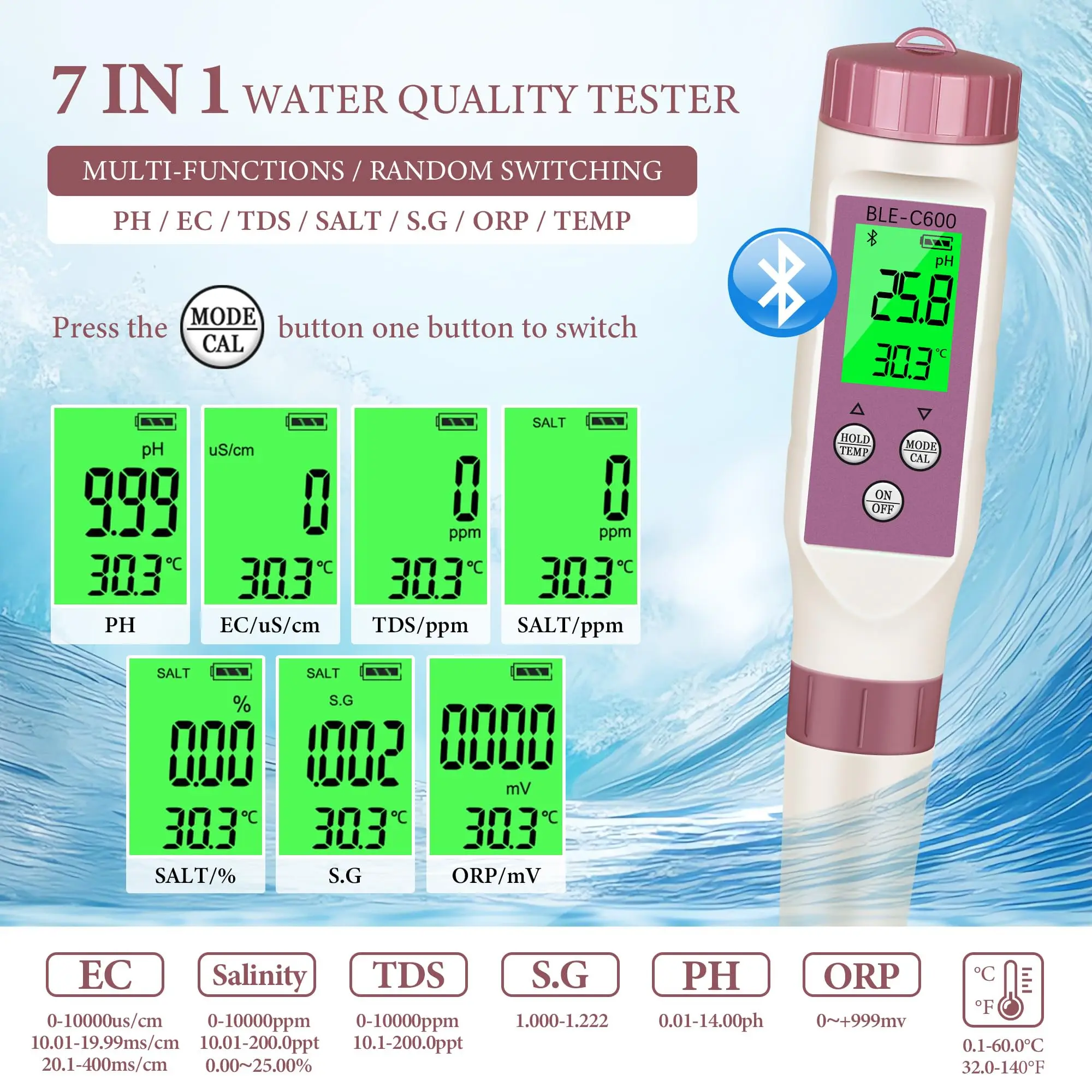 

Digital PH Meter PH/TDS/EC/ORP/S.G/Salinity/Temp 7in1,High Accuracy Water Quality Tester for Pool Spa Tank Aquarium