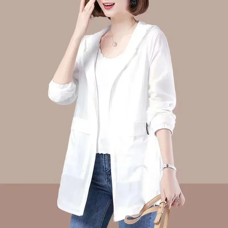 Spring Summer Women's Jacket Long Sleeve Tops Hooded Coat Thin Sun Protection Clothing Outdoor Sports Windbreaker Female
