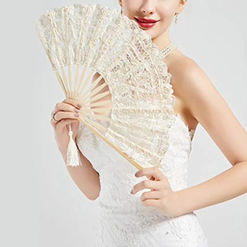 14 Color Embroidery Chinese Dance Hand Fan Party Wedding Prom Bamboo Hand Folding Lace Fabric Retro Craft Gift Fan Home Decor Folding Fan Hand Fan