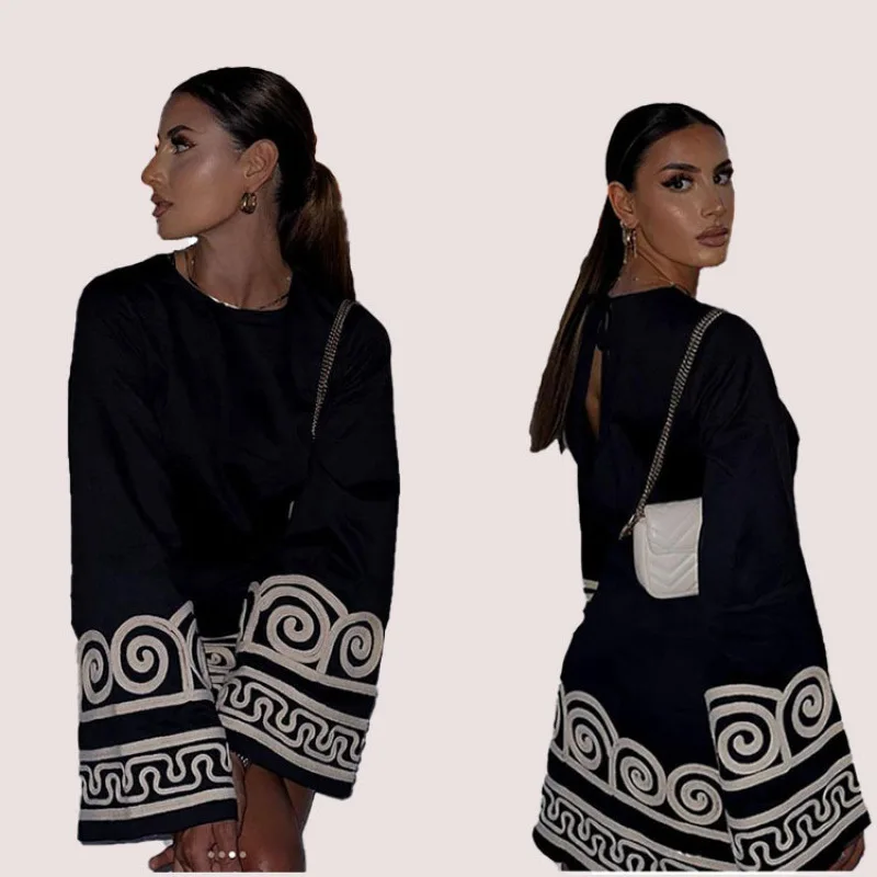 

Черное платье с вышивкой, женские Модные Винтажные короткие платья с завязкой сзади, женская одежда, новинка 2023