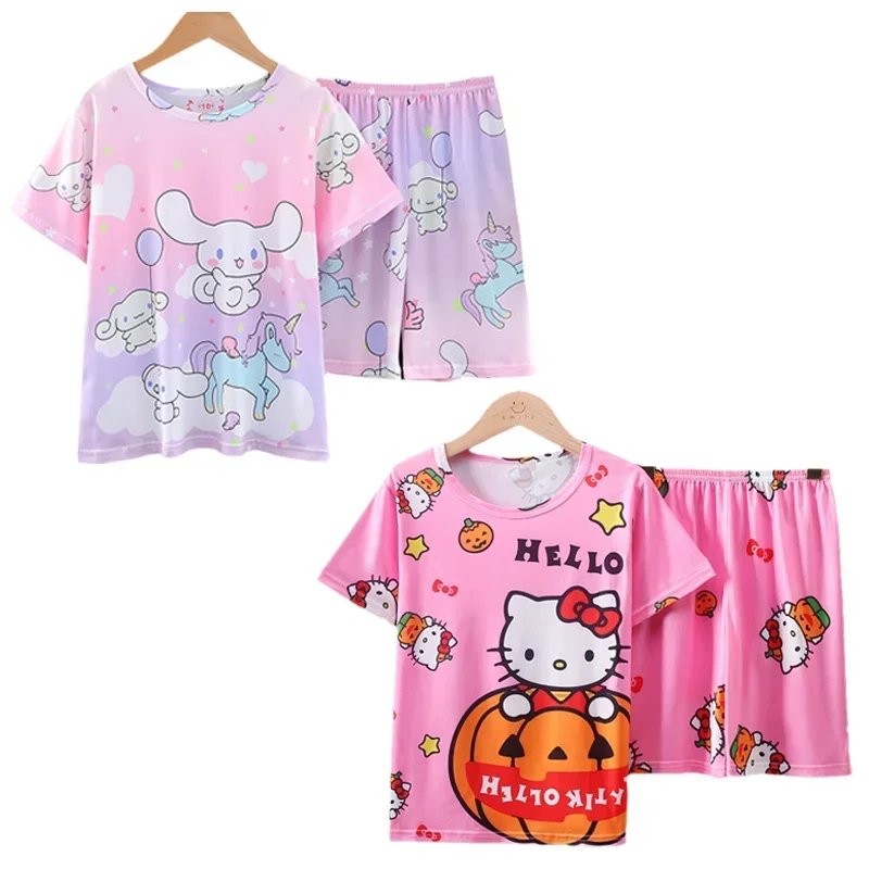 

Sanrios Cartoon Cinnamoroll Hellokittys Kuromi Boys Girls' Summer Pajama Set Kawaii Short Sleeved Shorts Home Wear Kids Gift