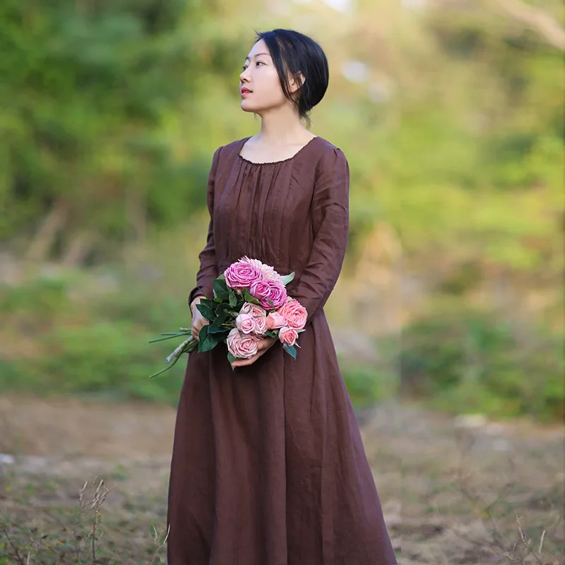 

New Women Medieval Victorian Retro French Apparel Dress Square Collar Long Sleeves High Waist Brown Temperament Long Dress