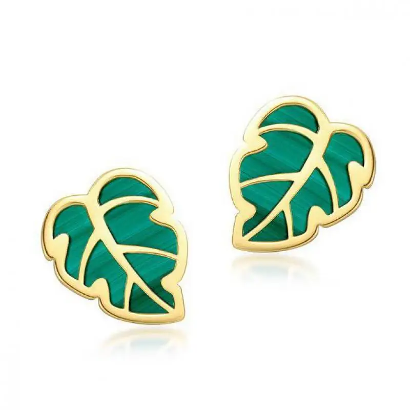 

Natural Malachite Earring S925 Sterling Silver 10k Gold Plated Malachite Crystal Leaf Stud Earrings Women Gemstone Fine Jewelry