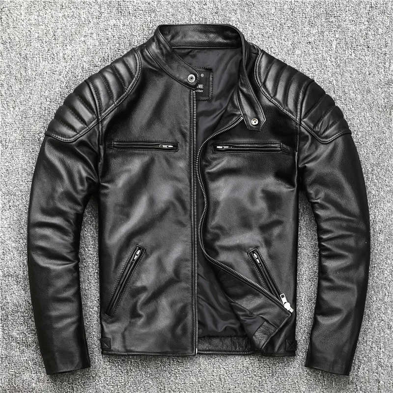 Mens Rider Leather Jacket Cowhide Coat Slim Fit Genuine Leather Cloth Asian Plus Size men leather jacket