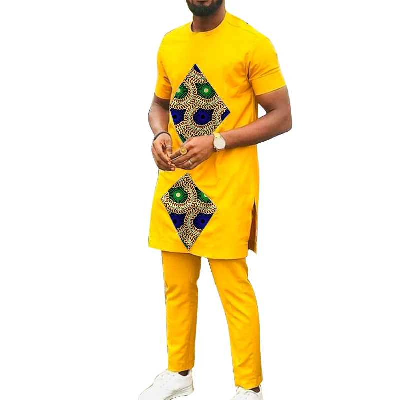 

African Clothes Men's Short Sleeve Tops+Pants Yellow Cotton Male Occasion Outfits Customized Festival Groom Suits