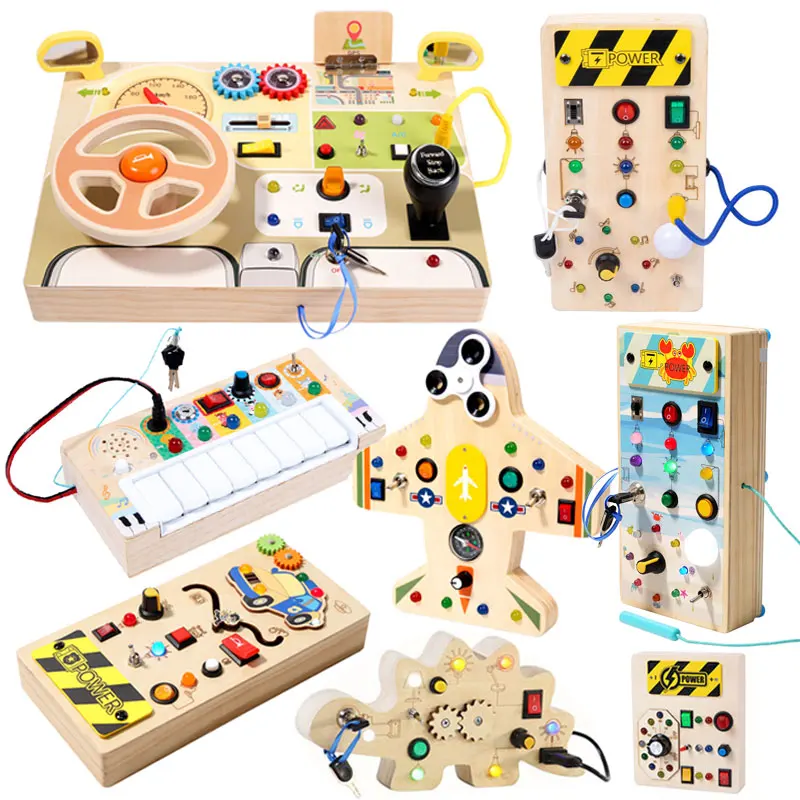 Wooden Montessori Busy Board Toy with LED Light for Kids