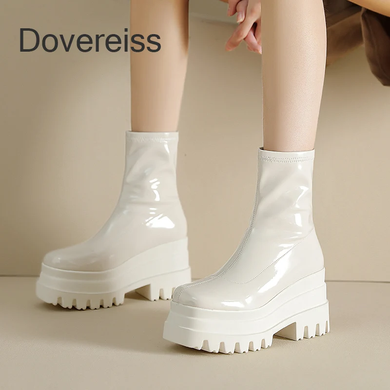 

Dovereiss 2023 Winter Fashion 5CM Platform White Round Toe Short Boots New Women Flats Shoes Motercycle Waterproof Boots 40