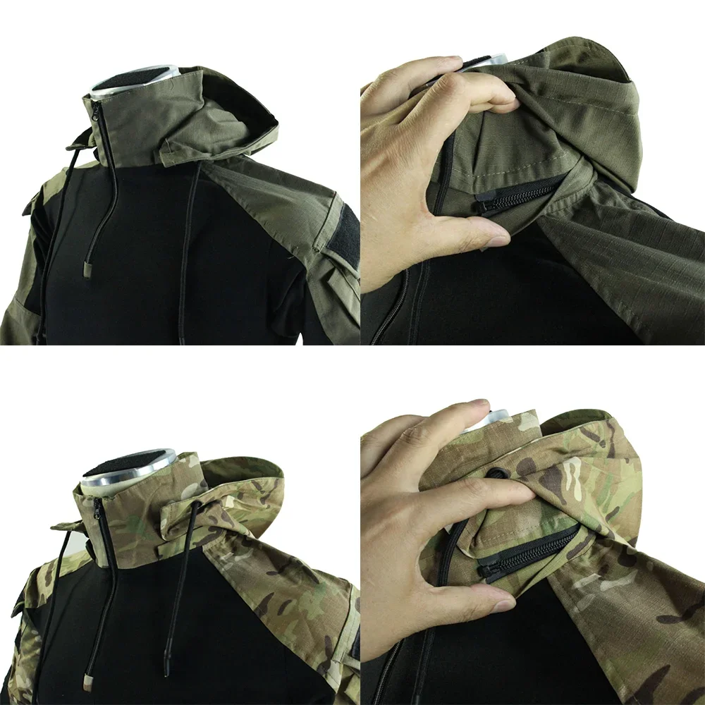남성용 긴 소매 전투 셔츠 1/4 지퍼 립 스톱 후드 전술 셔츠 네이비 블루 Camoufalge Airsoft T 셔츠 낚시 탑