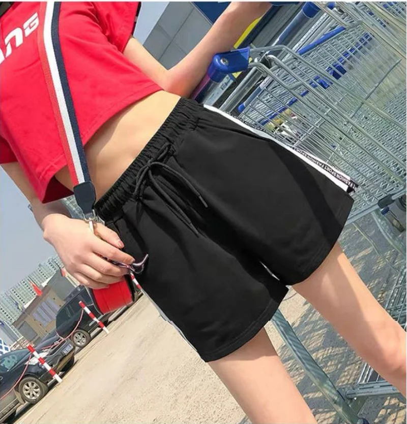 Short Pants for Woman To Wear Fitness Women's Shorts Black Cotton Graphic Sport Running with Belt Gym Sports Streetwear New In