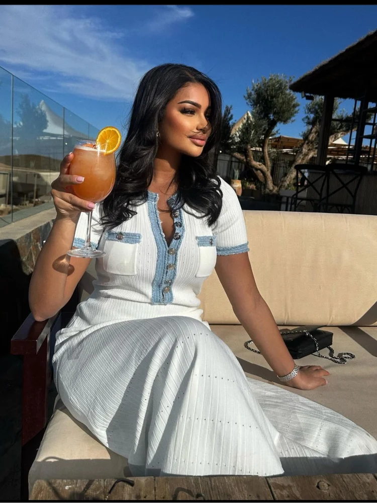 

Женское однобортное трикотажное длинное платье, элегантное Плиссированное облегающее платье с V-образным вырезом и оборками на бедрах, 2024