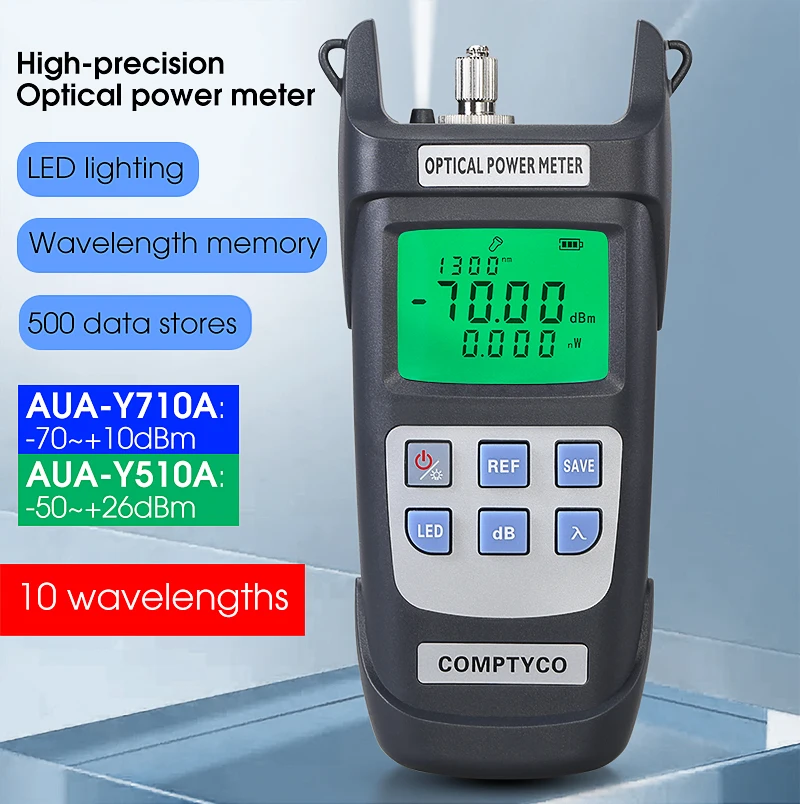 

AUA-Y710A/Y510A Optical Power Meter (Built-In LED Lighting) FTTH Fiber Optical Cable Tester -50~+26dBm/-70~+10dBm SC FC Adapter