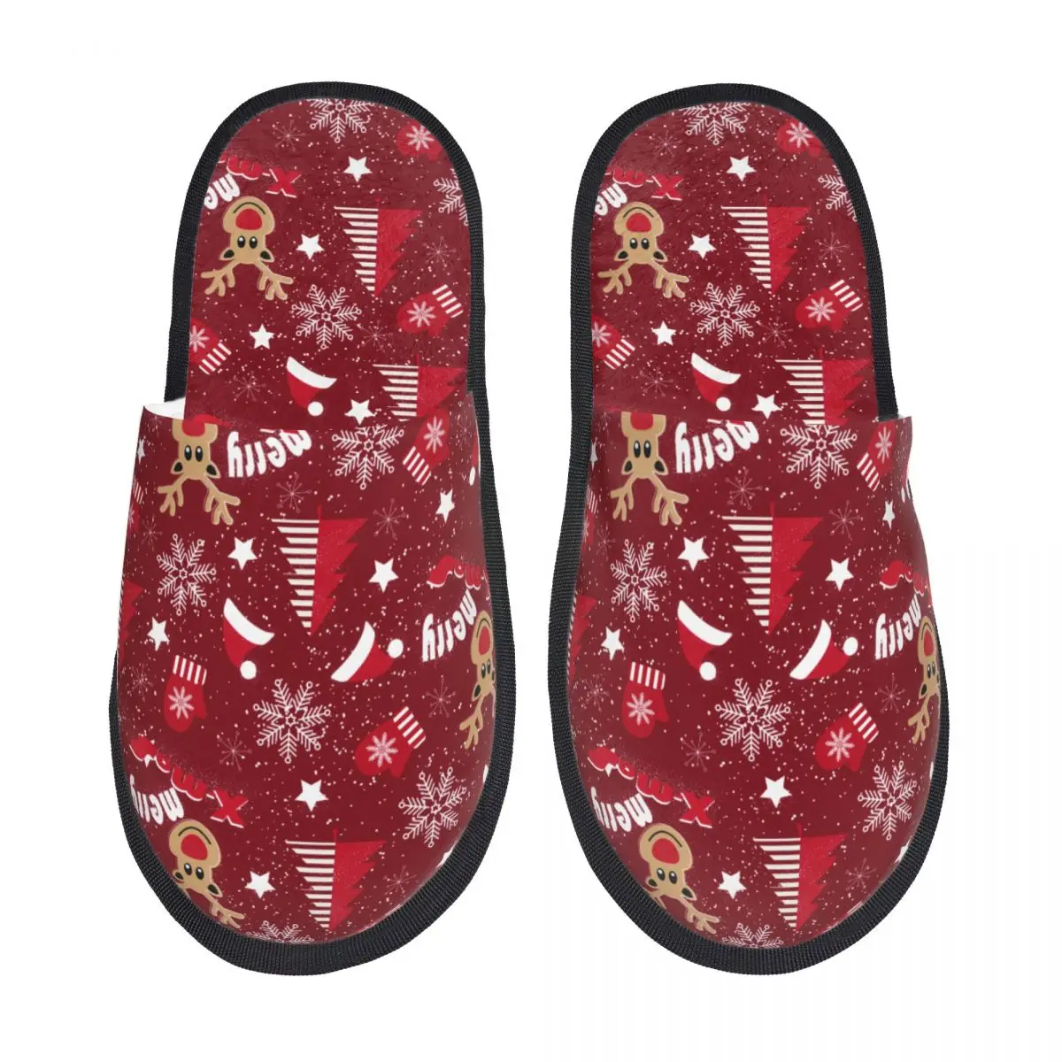 

Merry Christmas Snowflakes Trees Reindeer Home Cotton Slippers Bedroom Xmas Deer Cozy Household Fur Slippers Slides Anti Slip