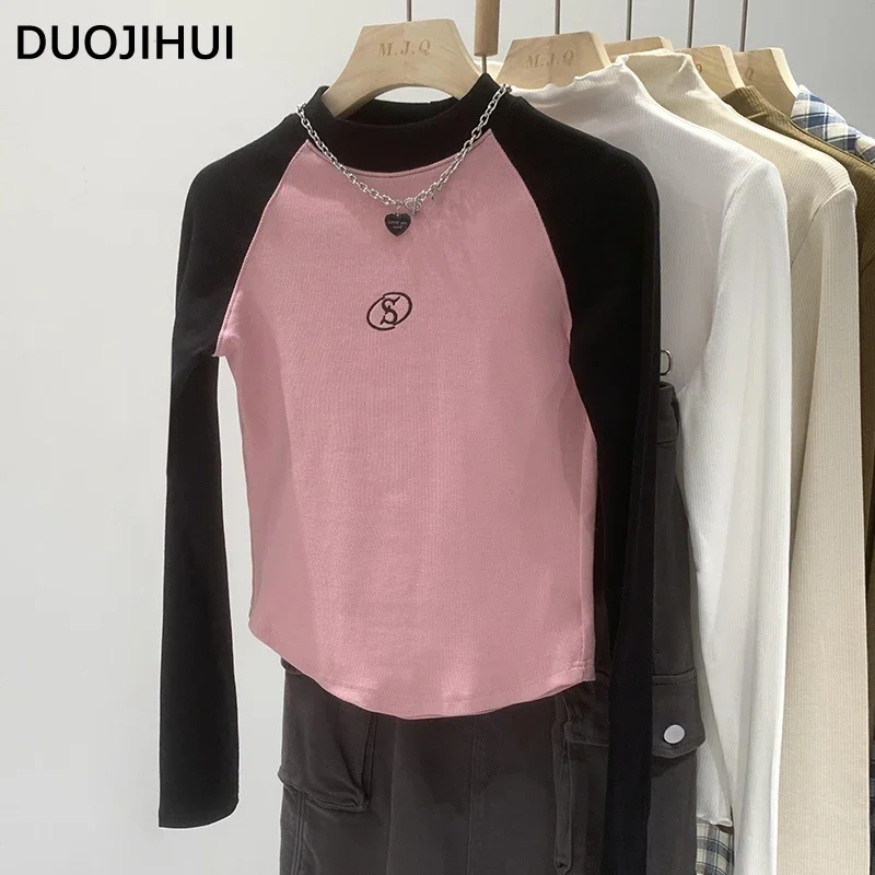 

DUOJIHUI Classic Contrast Color Autumn Chicly Female T-shirts New Basic O-neck Simple Casual Fashion Long Sleeves Women T-shirts