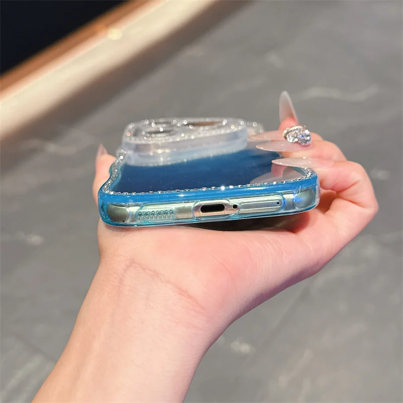 Transparent Flash Diamond Gradient Phone Case with Wavy Frame Design - Soft TPU Back Cover