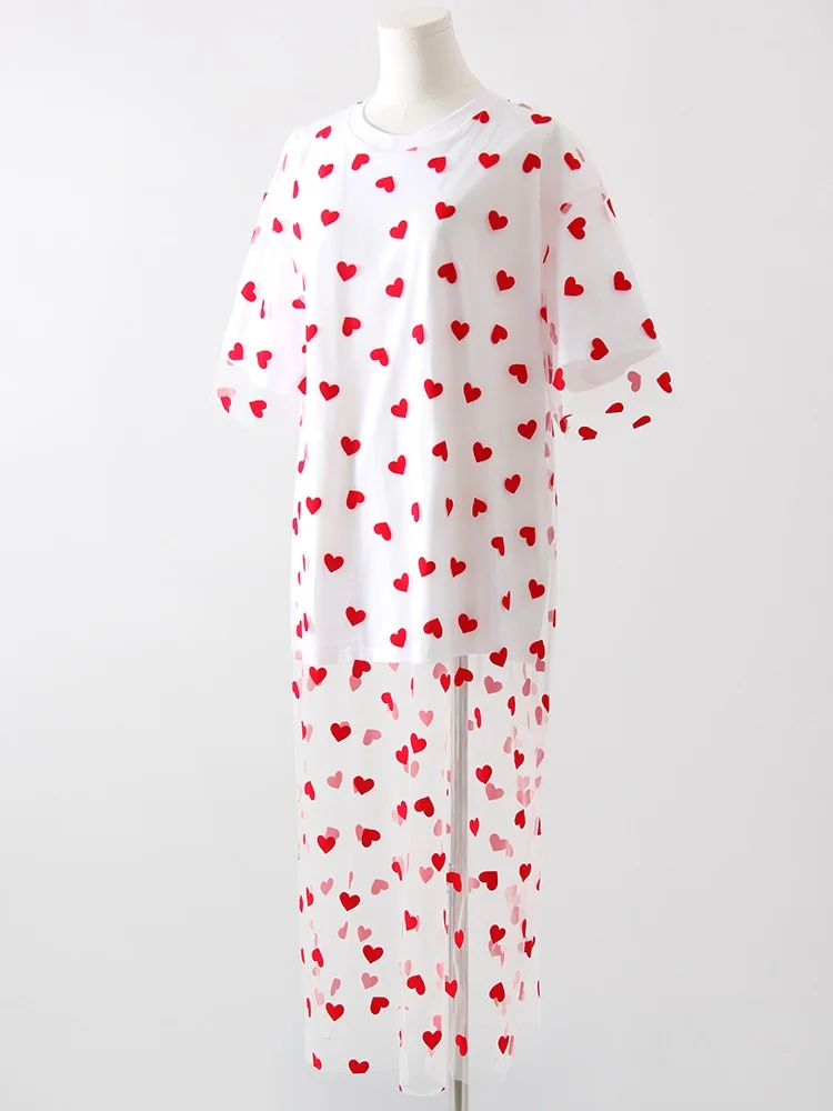 Long Mesh T Shirt Dress For Women Short Sleeve Heart Tulle Fake Two Piece Dresses WOmen's White Loose Maxi Dress With Heart Red