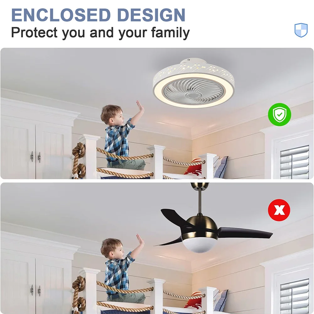 2 in 1 Modern Smart Ceiling Fan with Light Remote Control LED Dimmable 6 Speeds Timer Flush Mount Enclose Ceiling Fans Lamp 72W 5