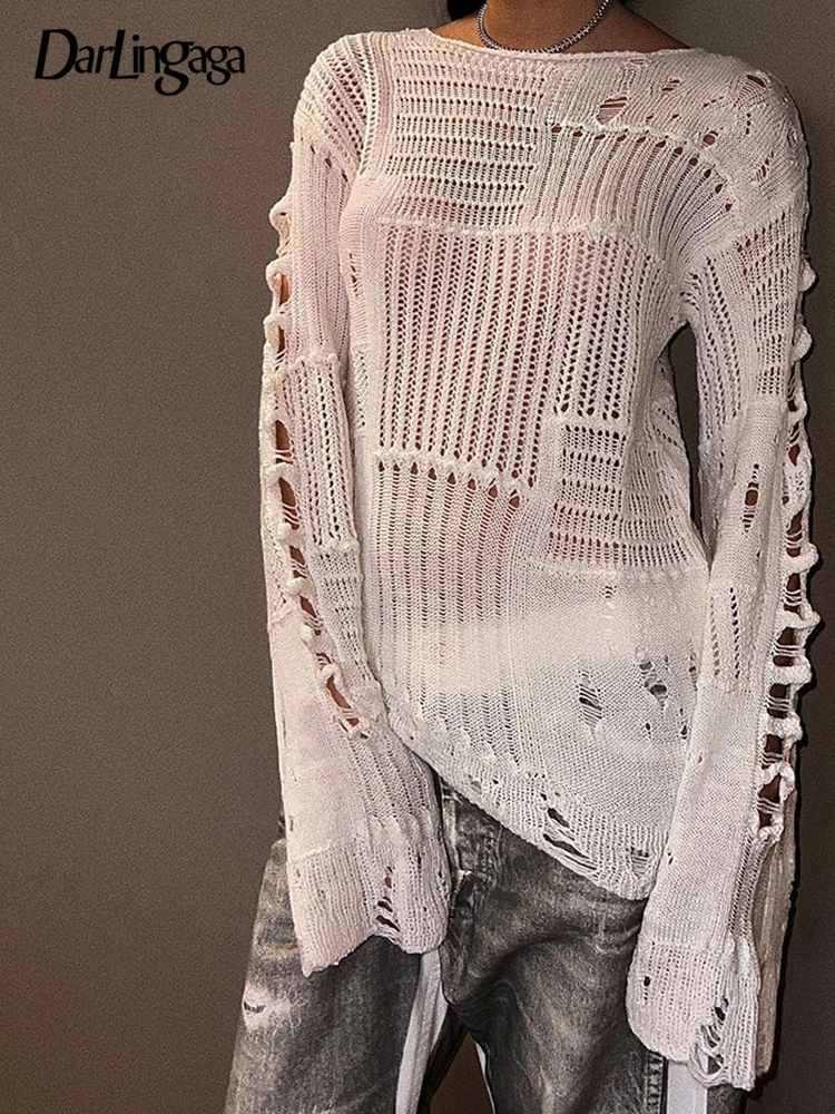 Darlingaga Vintage White Ripped Hole Grunge Sweater Women Casual Loose Jumper Solid Long Pullovers Knitted Hollow Out Holidays