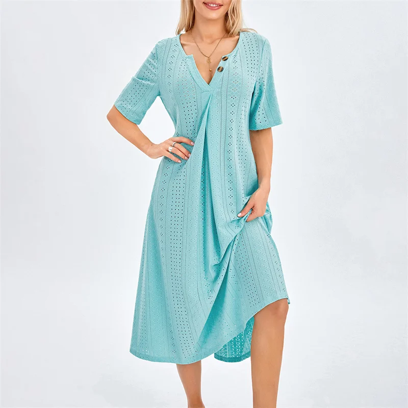 

Summer Women Eyelet Midi Dress Casual Vacation Short Sleeve Solid Loose A-Line Dress Dress with Pockets Female Beach Streetwear