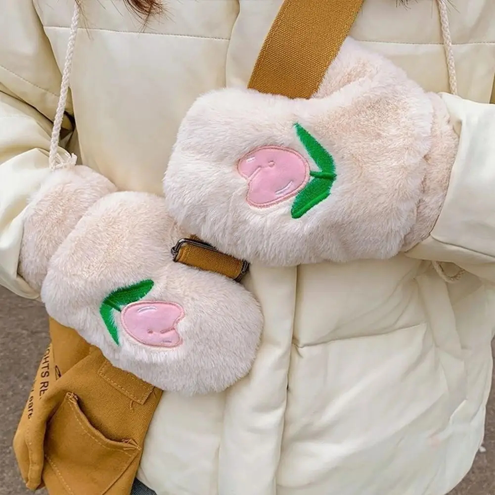 

1 Pair Autumn Winter Embroidered Tulip Warm Plush Gloves Outdoor Riding Velvet Thickened Windproof Student Finger Gloves