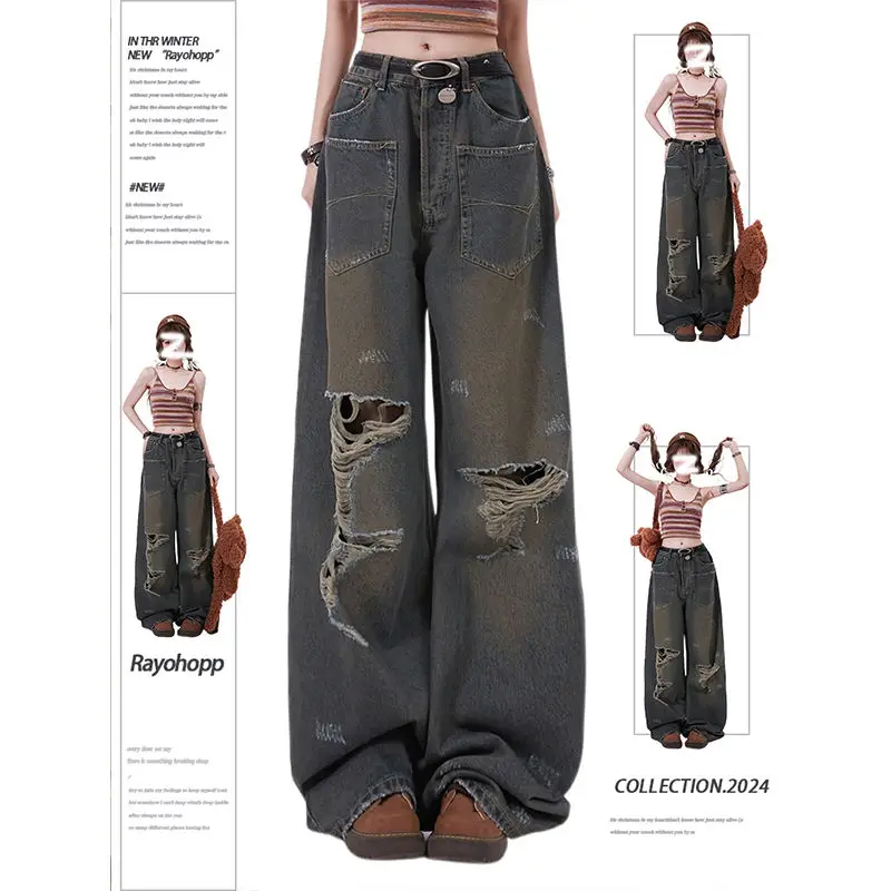 High Waist Women Blue Jeans Hip-Hop Style Fashion Vintage Wash To Make Old Wide Leg Jeans Ripped Female Trouser Baggy Denim