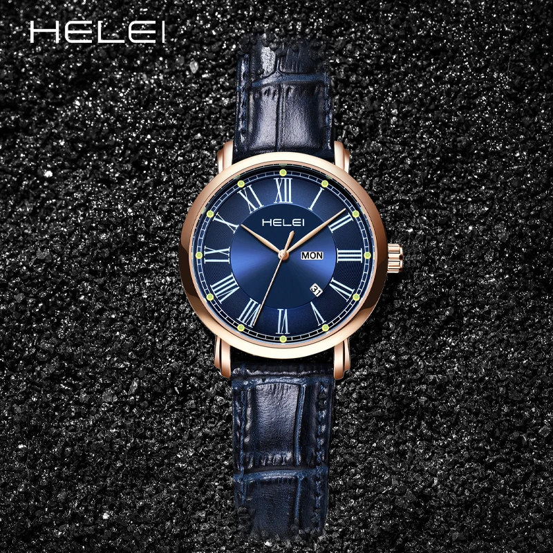 HELEI brand business luxury watches men's quartz watches waterproof quartz wristwatch leather fashion quartz wristwatch