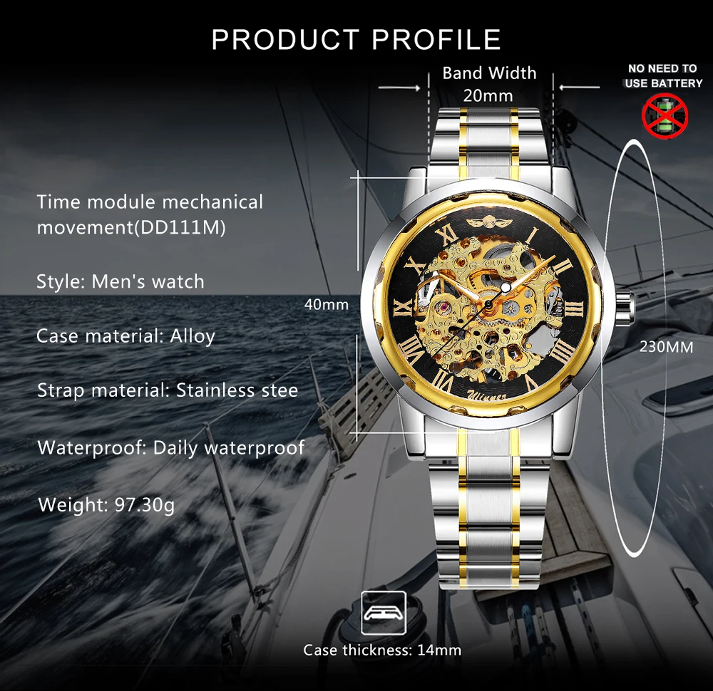 WINNER Mechanical Mens Watches Skeleton Gold Watch Men Luxury Fashion Wrist Watch Stainless Steel Strap Business Reloj Hombre