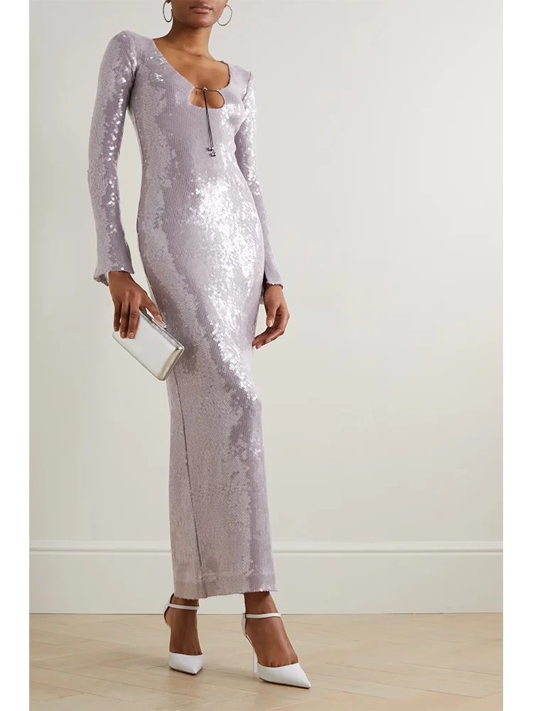 BEVENCCEL Sexy Luxury Sequins Deep V Long Sleeve Backless Sequins Long Dress Elegant Bodycon Maxi Evening Party Clubwear Dress