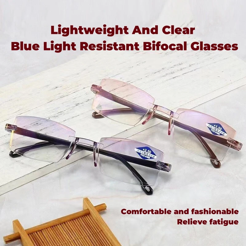 

2023 Retro Frameless Trimmed Presbyopia Glasses Bifocal Reading Eyewear for Far Near Use Ultra Clear Anti Blue Light Eyeglasses