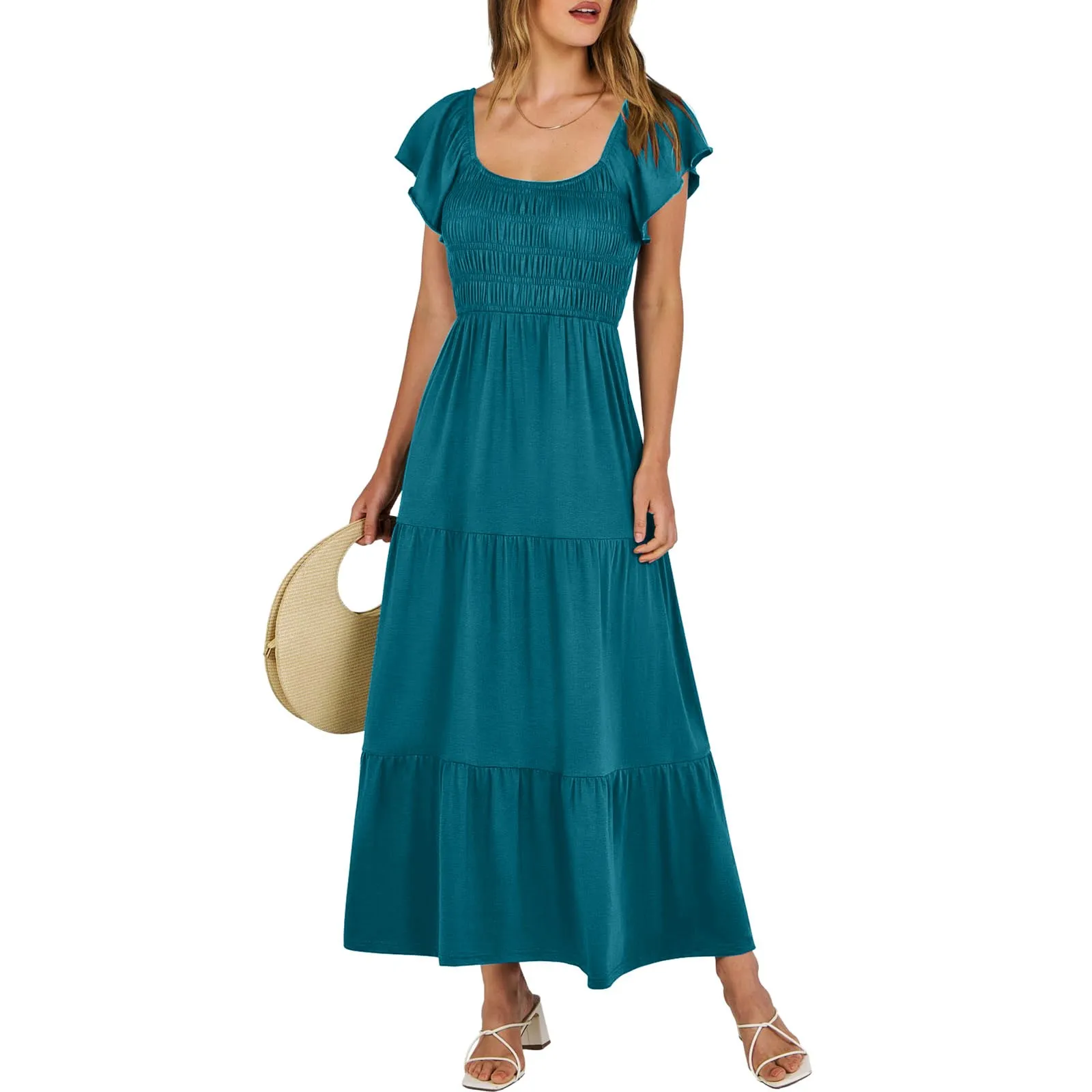 

Women Summer Casual Flutter Short Sleeve V Neck Smocked Elastic Waist Tiered A Line Maxi Dress Wrap Dresses Casual