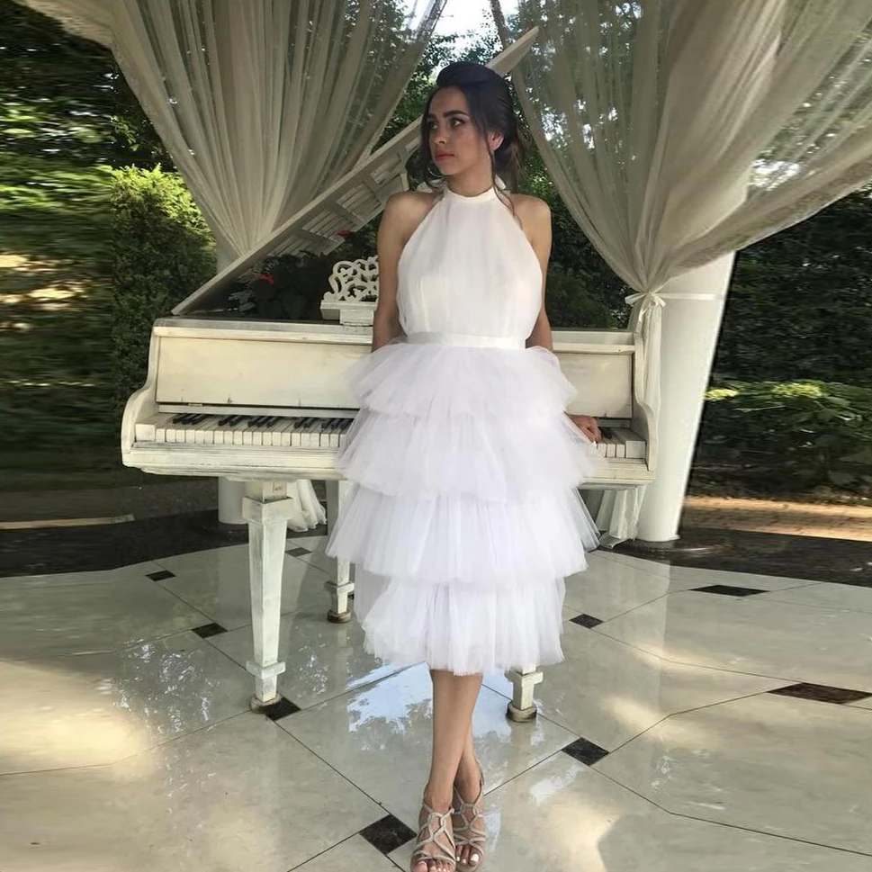 

White Tulle Dresses Backless Layered New Cupcake Prom Gowns For Photography Lush Ankle Length Women Dress Party Wear 2022