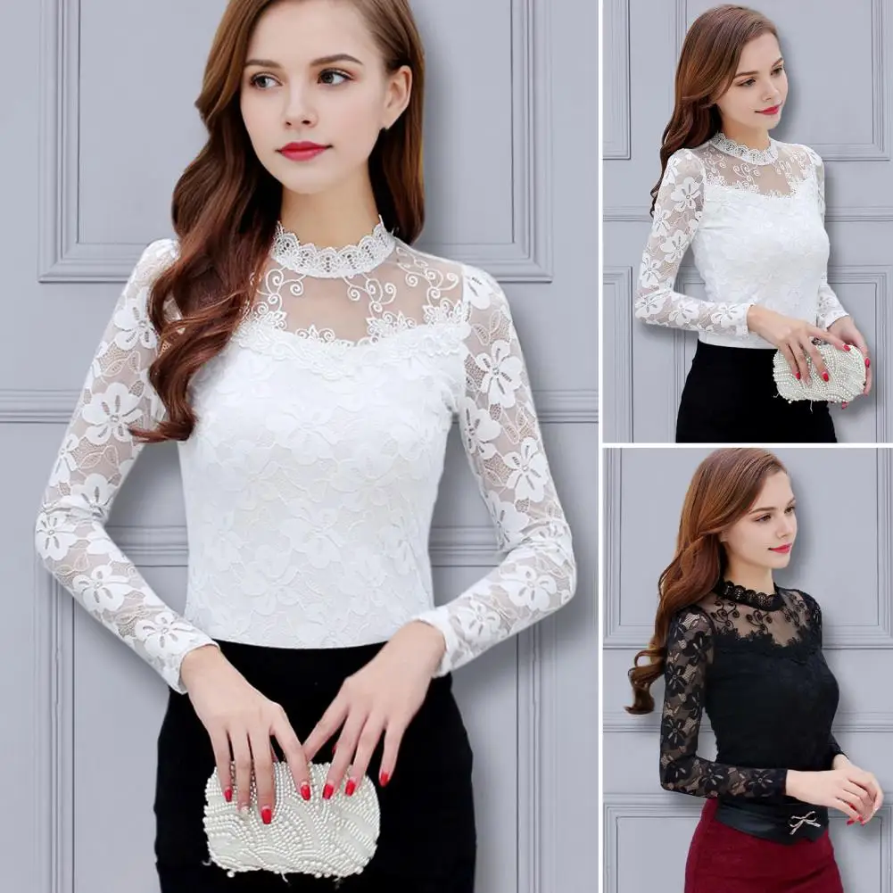 

Blusas Mujer De Moda Womens Blouses White Shirt Lace Hollow Out Stand Long Sleeve Shirts Pullover Tops