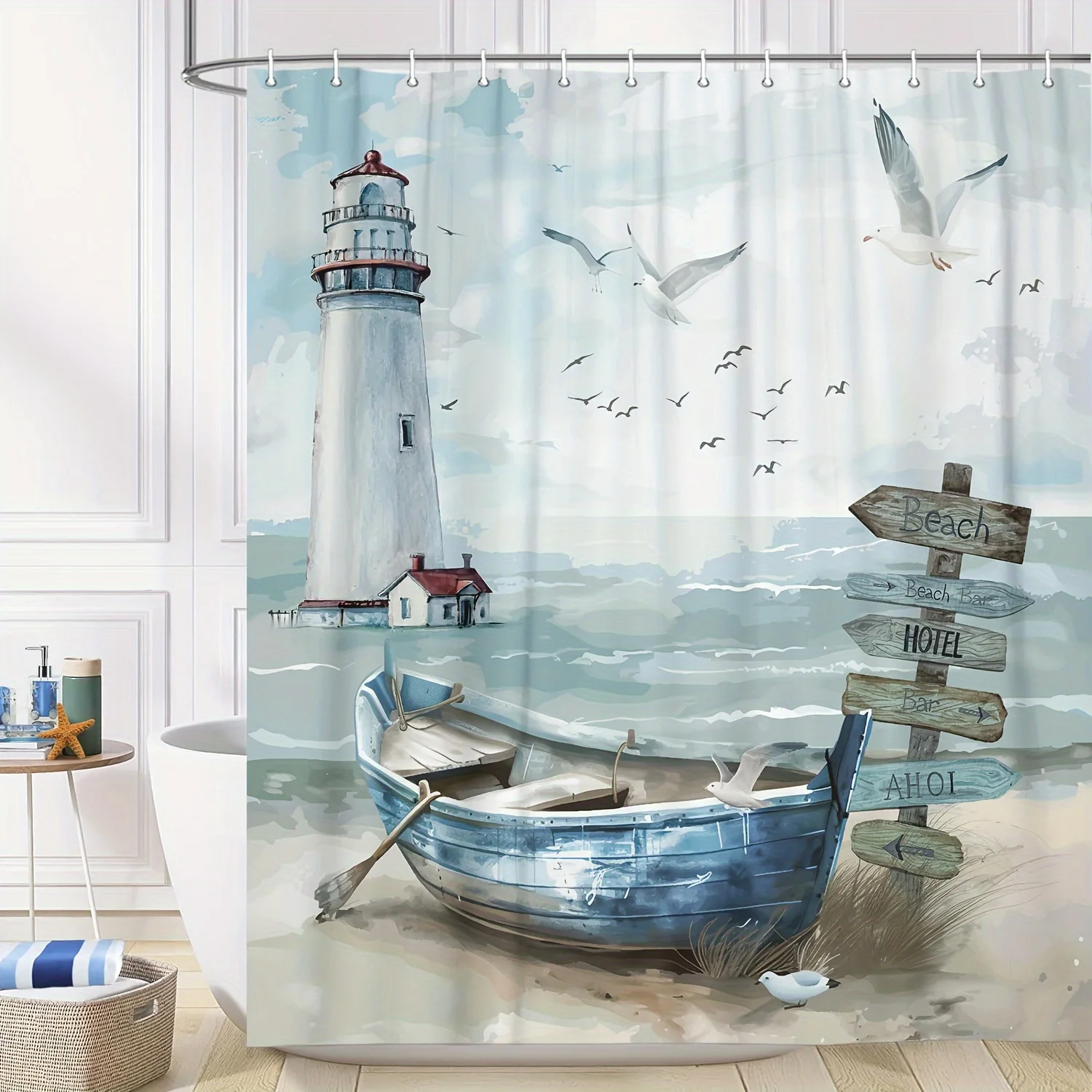 Nautical Coastal Shower Curtain, Ocean Lighthouse & Sailboat Design, Blue Teal Decor with Hooks, Bathroom & Window Use 6