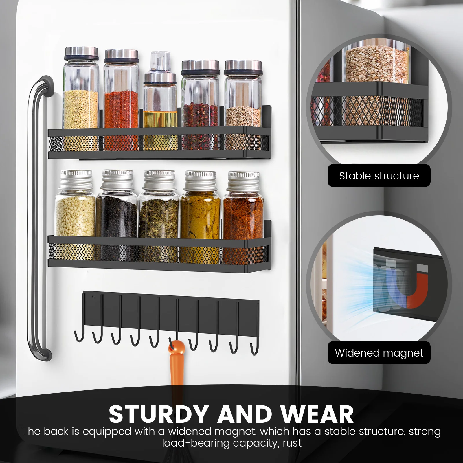 Magnetic Fridge Spice Shelf & Hook Storage Rack 4