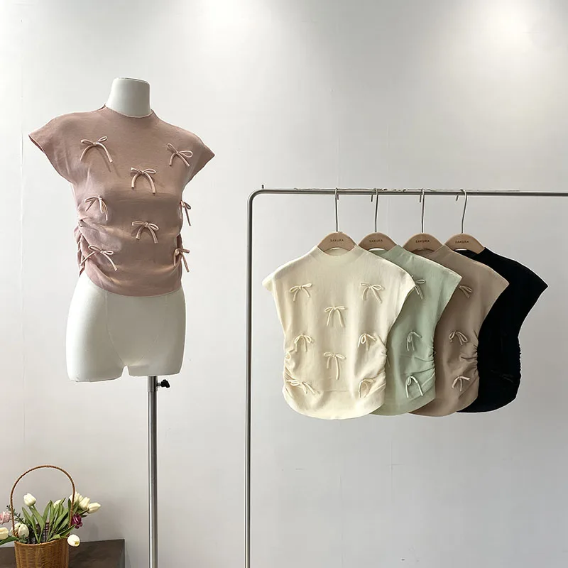 

Футболка женская с воротником-стойкой, Модный милый топ в Корейском стиле, со складками и бантом, Элегантная универсальная рубашка в стиле пэчворк, на лето