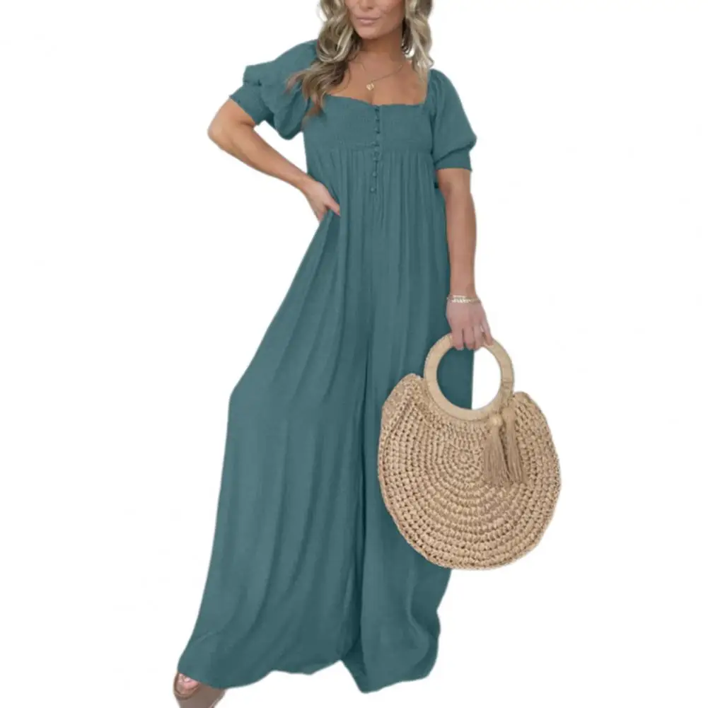 Summer Women's Jumpsuit Wide Leg Square Neck Lantern Sleeve High Waist Solid Color Stretch Pleated Loose Holiday Jumpsuit