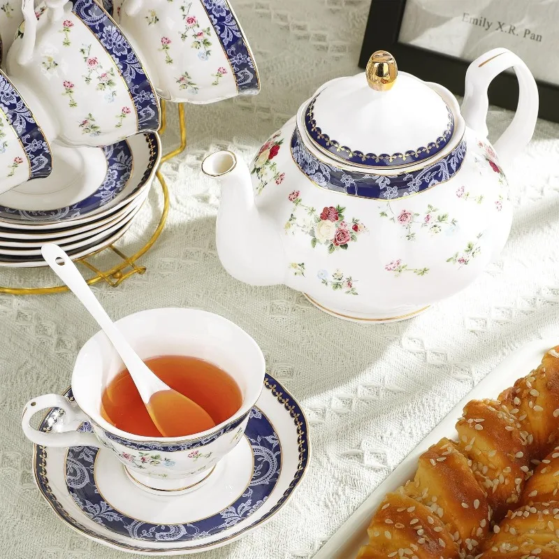 Bone China Tea Sets for Adults Porcelain Tea Service with Sugar Bowl & Creamer English Cremic Floral Cups Set of 6