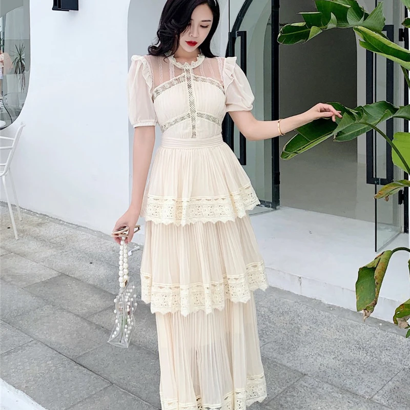 

Fashion Luxury Design Party Dress Women Short Sleeve Lace Pleated Long Dress Evening Cake Dresses Vestidos