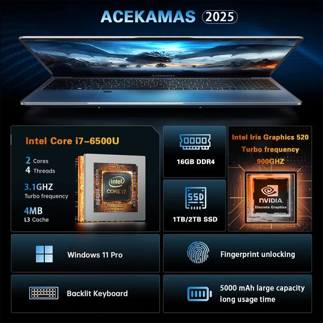 ACEKAMAS 15.6" Intel Core i7 6500U i3 6100U Laptop Computer Windows 11 Pro 16GB DDR4 1TB SSD Notebook PC Portable Laptops Gaming 2