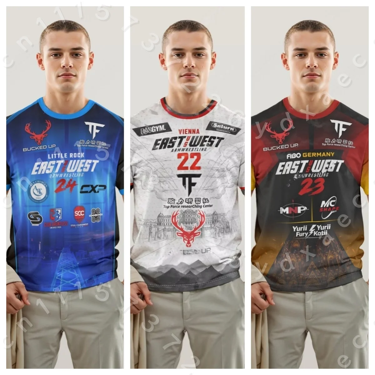 Familien-Matching-Trikot für den Ost-West-Armwrestling-Turnier: Atmungsaktives Mesh-Sport-Fan-T-Shirt mit Farbverlauf und Allover-Print, Kurzarm