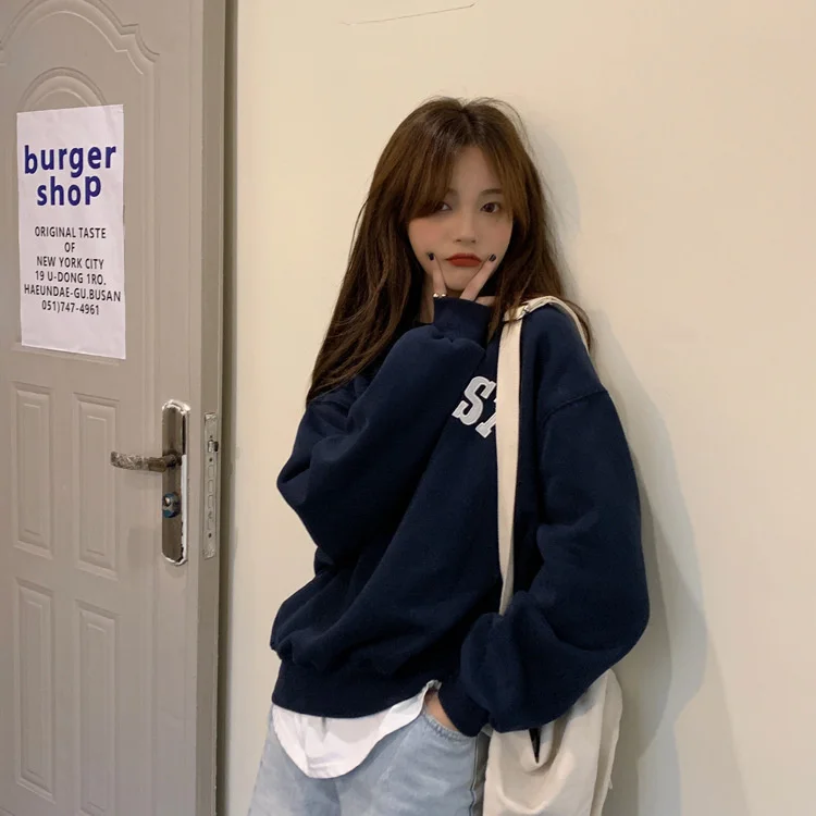 

2022 Autumn New Embroidery Letter Thin Women Loose Round Neck Fashion Student Long Sleeve Top Coat Women QET6