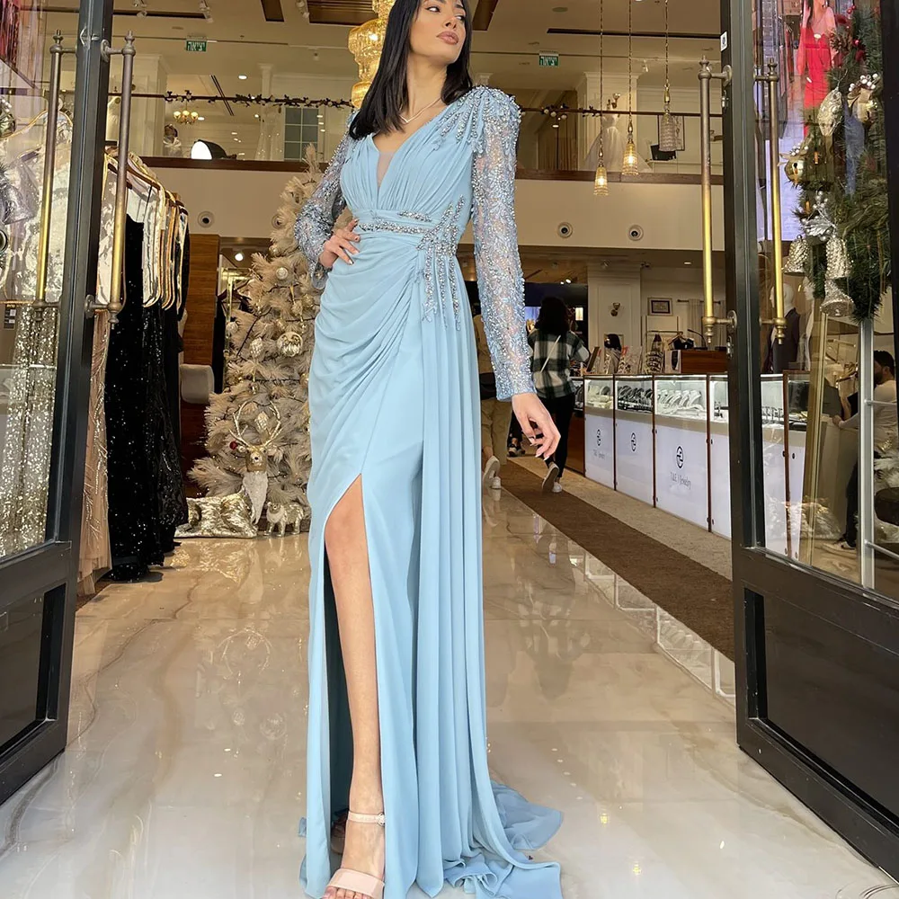 

Blue V Neck Prom Dresses Long Sleeves Chiffon Evening Dress High Slit Sequin Beads Celebrity Party Gowns فساتين سهرة طويلة فخ